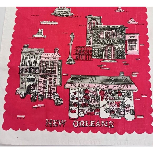 VTG S/2 Suzanne Meister Linen Tea Towels New Orleans Landmarks Red Yellow 16X28 - Picture 4 of 11